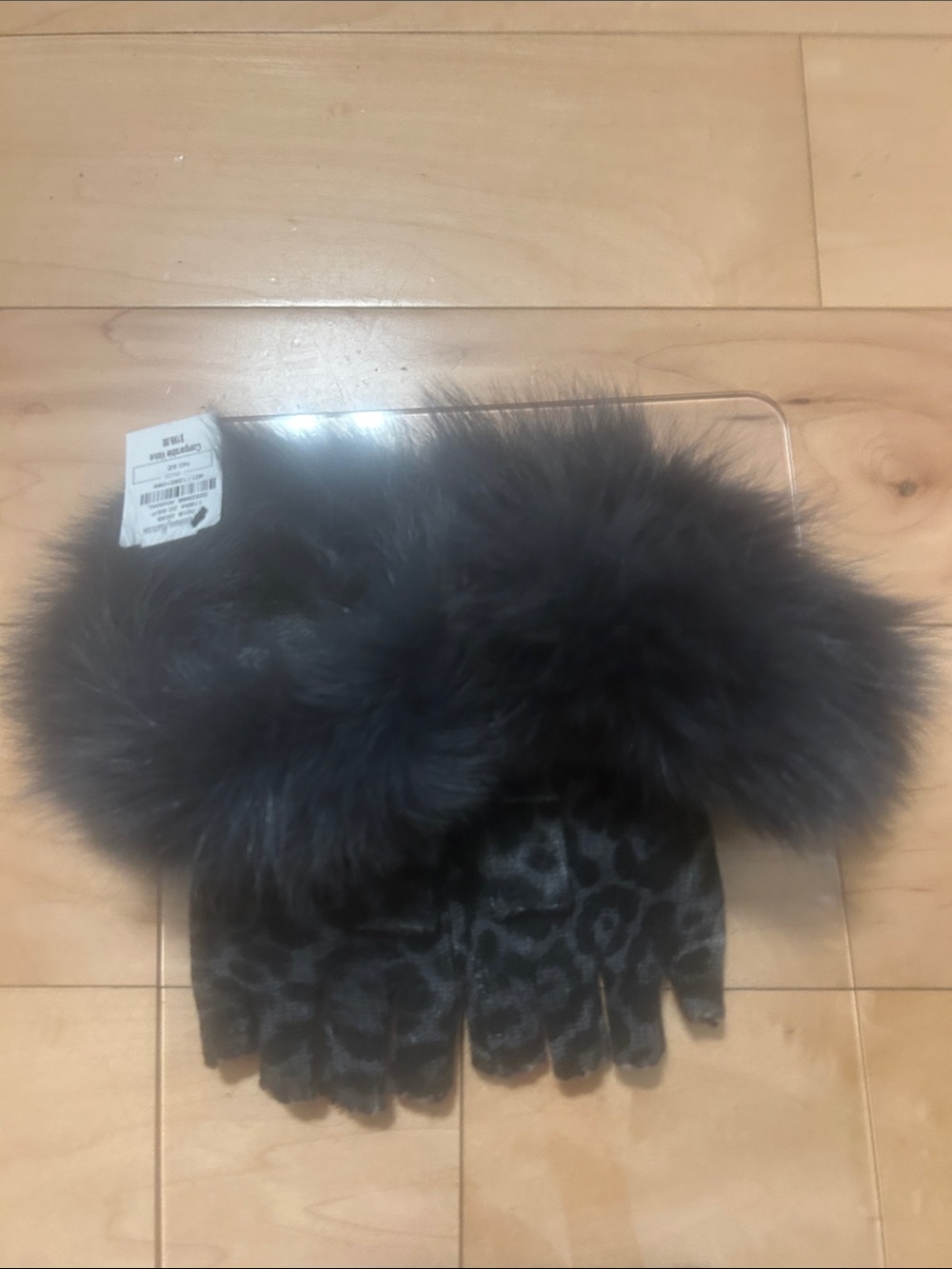 Neiman Marcus Cashmere Leopard-print Half-Finger Gloves with Fox Fur Cuffs.
